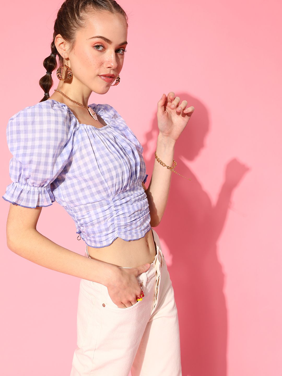 Antheaa Women Elegant Lavender Checked Summer Gingham Top