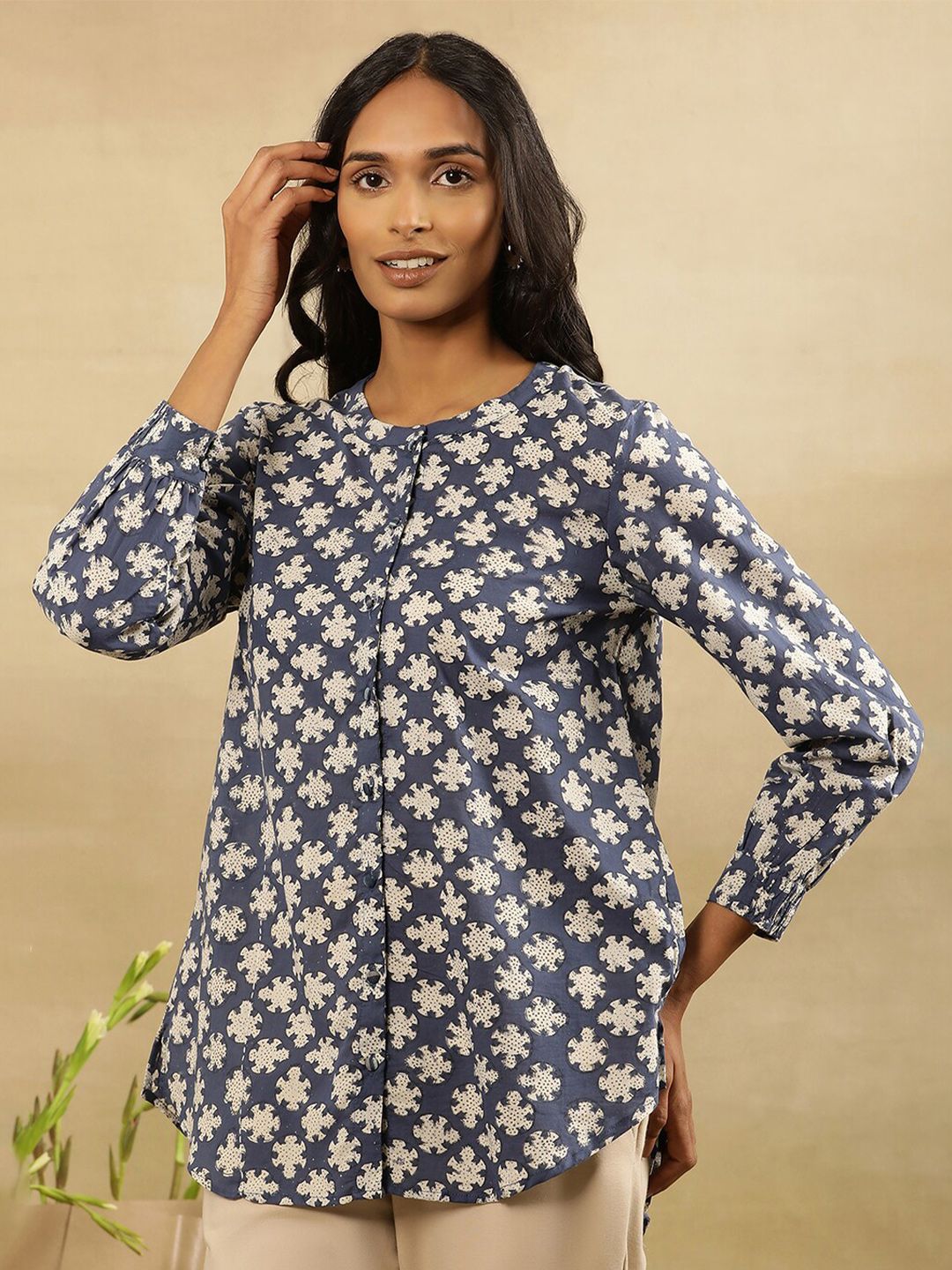 Folk Song  Floral Printed Round Neck Cuffed Sleeves Cotton Top