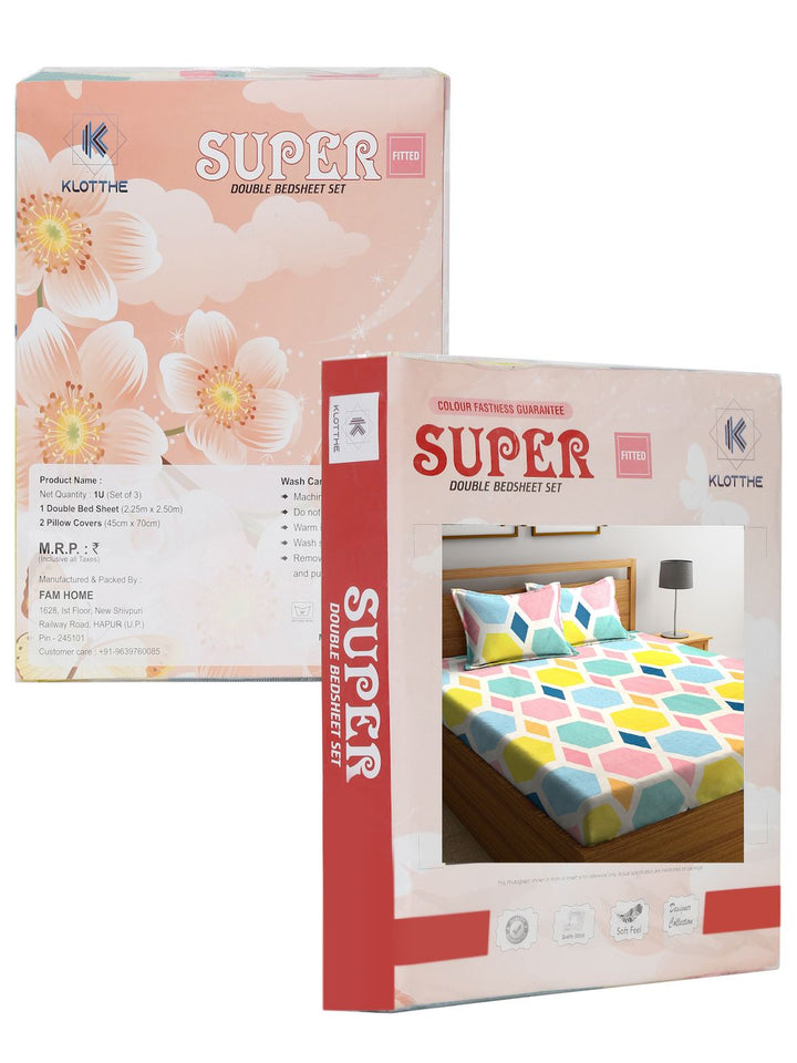 KLOTTHE Pink Geometric Polycotton 300 TC Fitted King Fine Bedsheet dengan 2 Sarung Bantal-59 x 87 inci