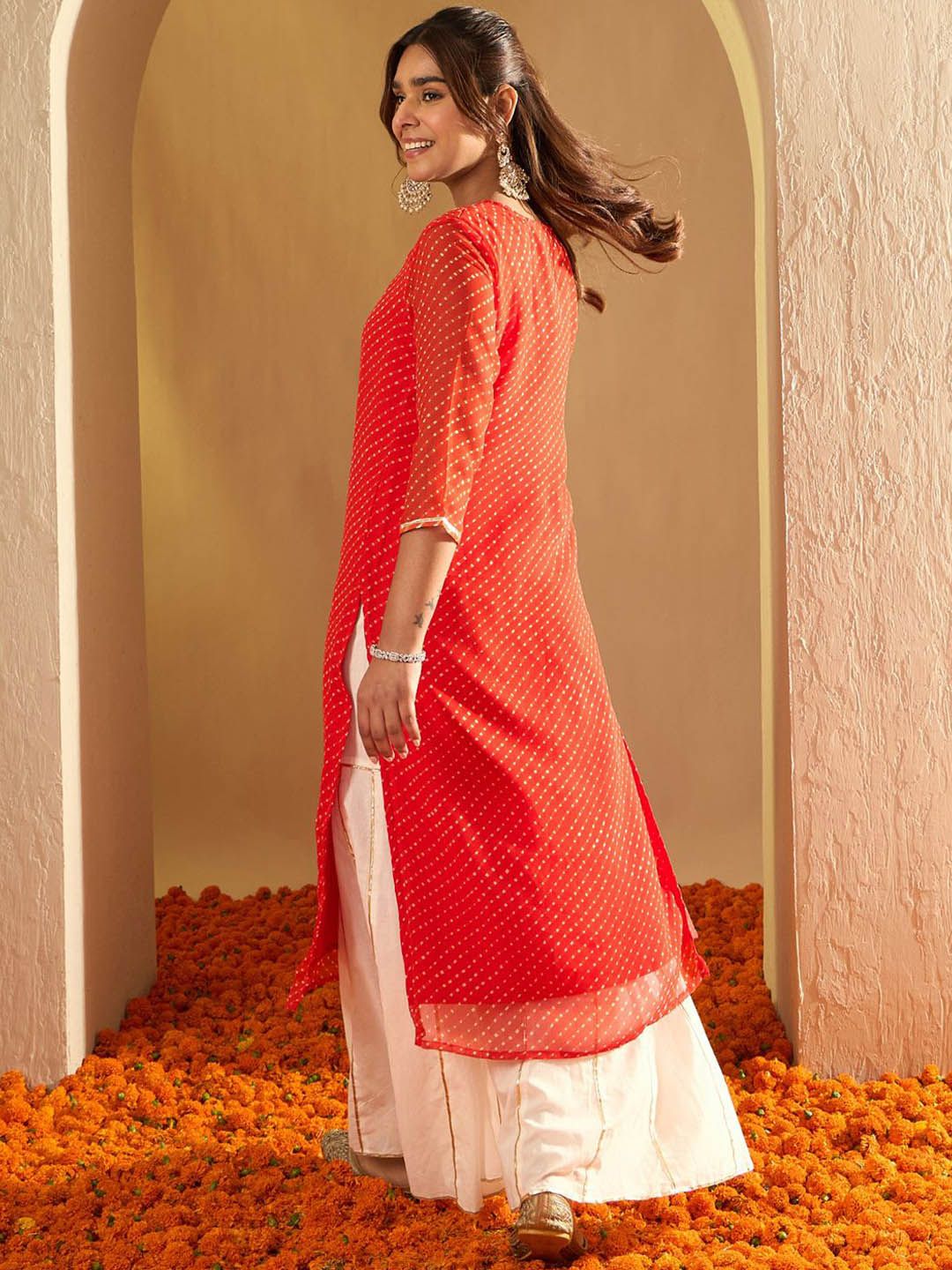 Indo Era Leheriya Printed Gotta Patti Straight Kurta