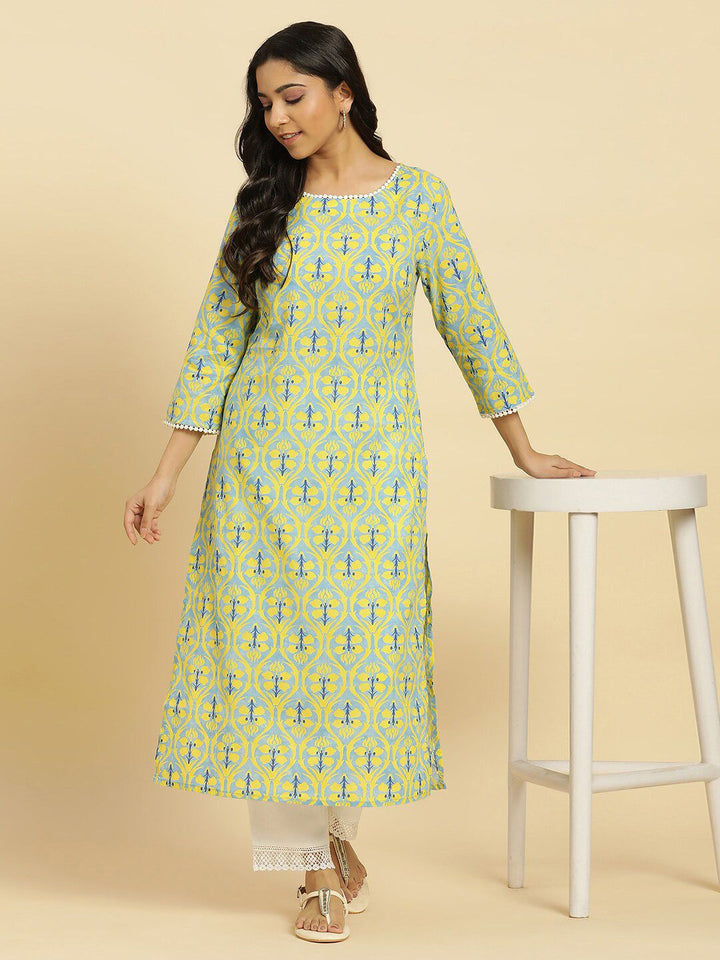 W Floral Printed Cotton Straight Kurta