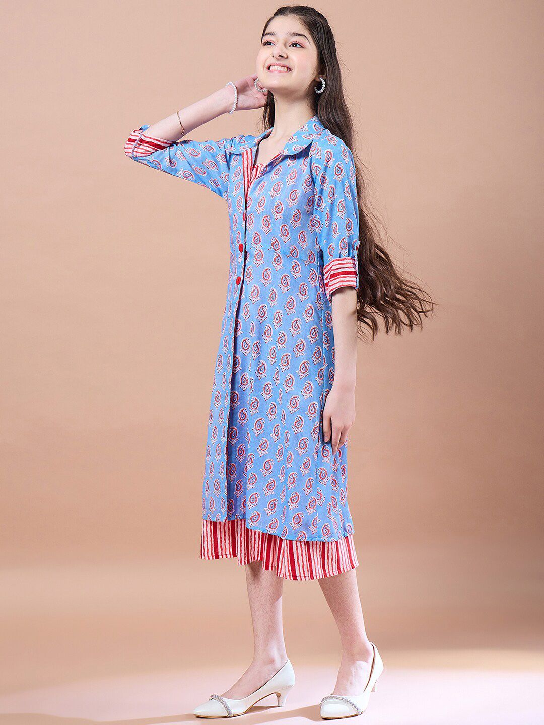 pspeaches Girls Ethnic Motifs Print Cotton  Round Neck A-Line Midi Dress With Shrug
