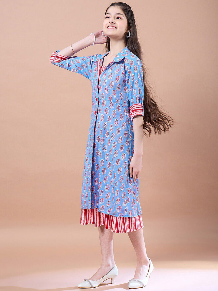 pspeaches Girls Ethnic Motifs Print Cotton  Round Neck A-Line Midi Dress With Shrug