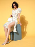 Berrylush White & Blue Floral High-Slit A-Line Midi Dress