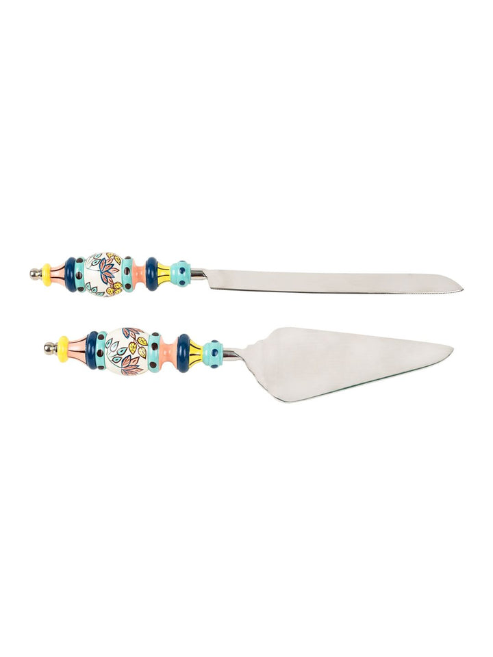 Chumbak Blue & Green Set Of 2 Floral Printed Hand-painted Stainless Steel Cake Server Set