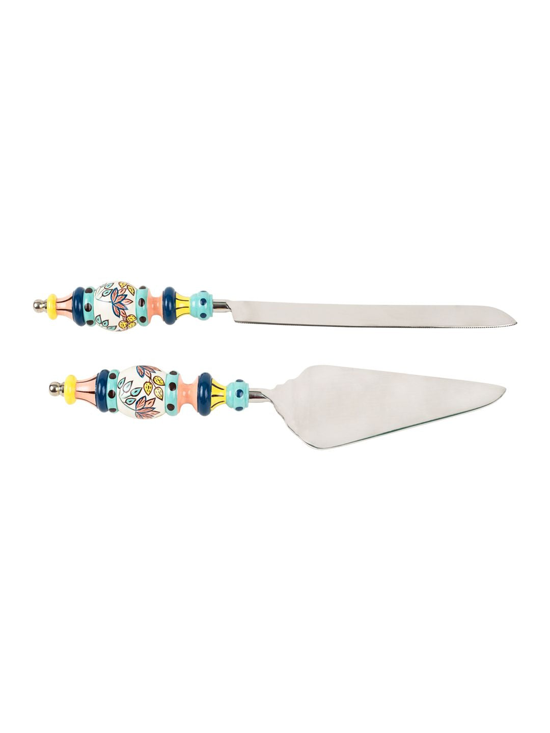 Chumbak Blue & Green Set Of 2 Floral Printed Hand-painted Stainless Steel Cake Server Set