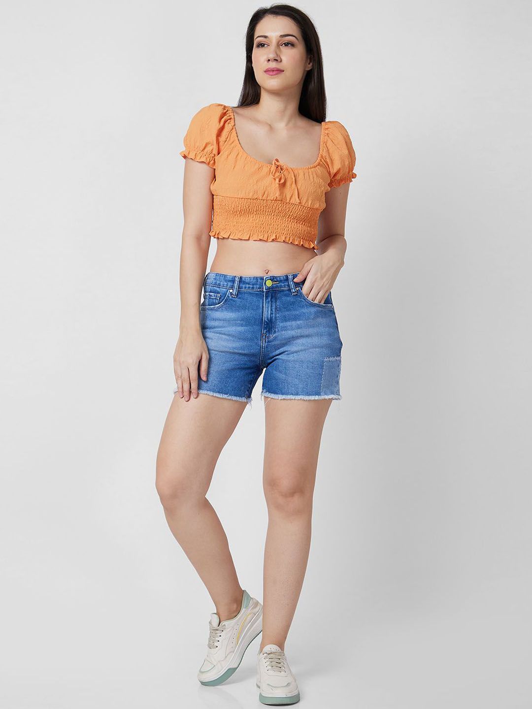 SPYKAR Women Washed Regular Fit Mid Denim Shorts