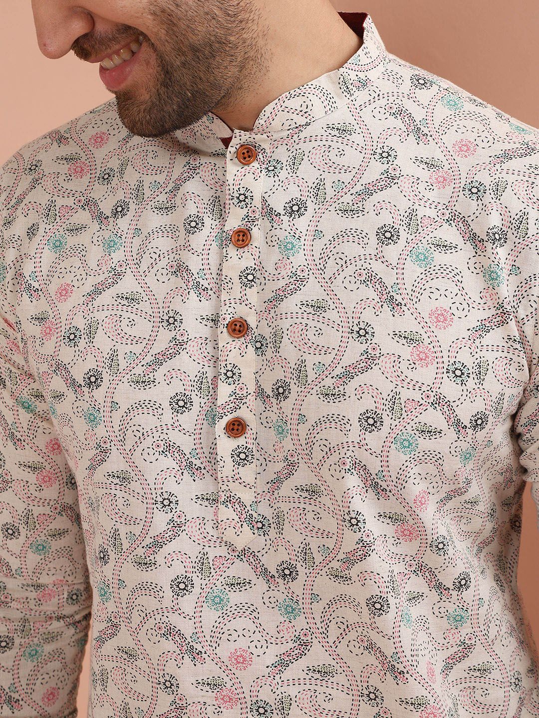 KISAH Floral Printed Cotton Thread Work Mandarin Collar Straight Kurta