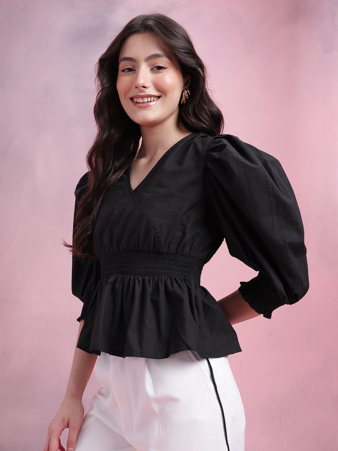 DressBerry Smocked Pure Cotton Peplum Top