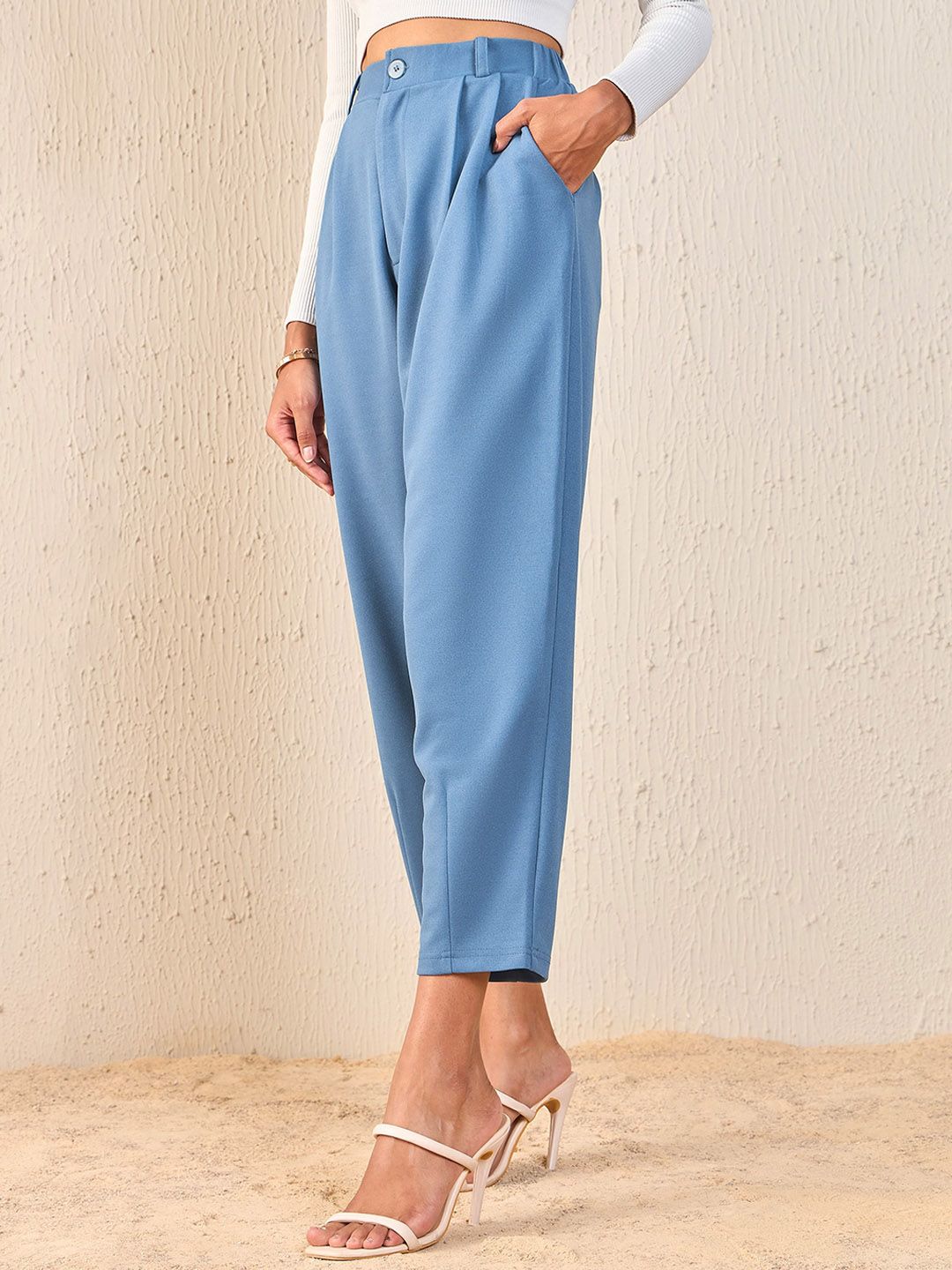 SASSAFRAS Women Blue Tapered Fit High-Rise Peg Trousers