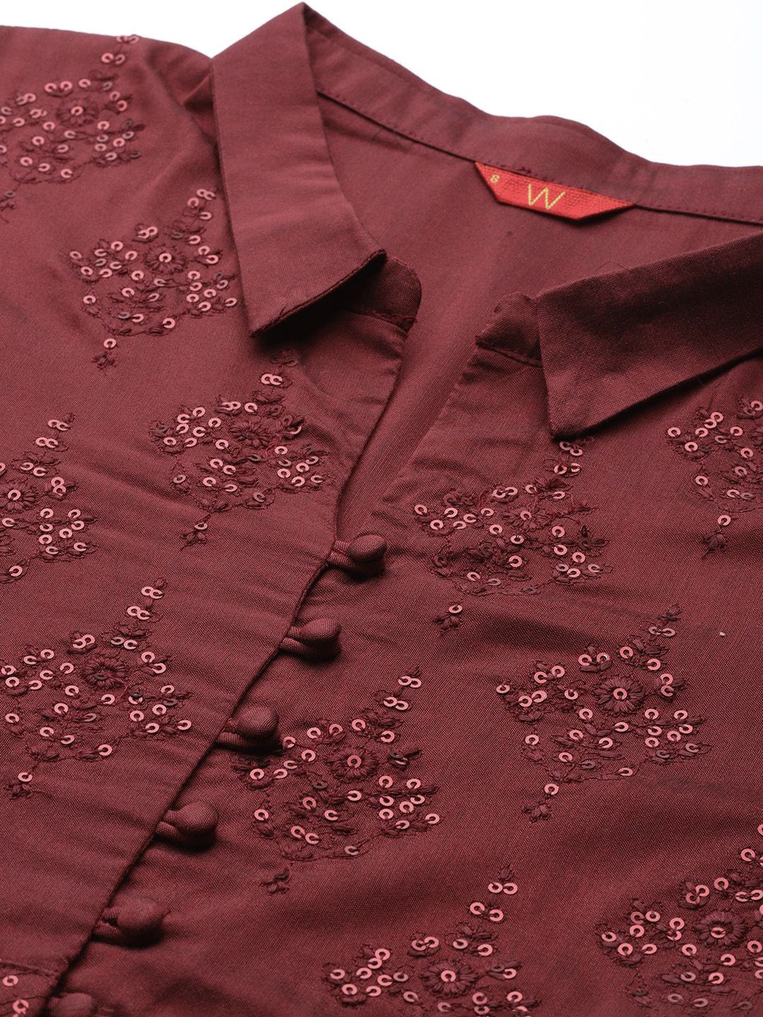 W Maroon Ethnic Motifs Embroidered Maxi Dress