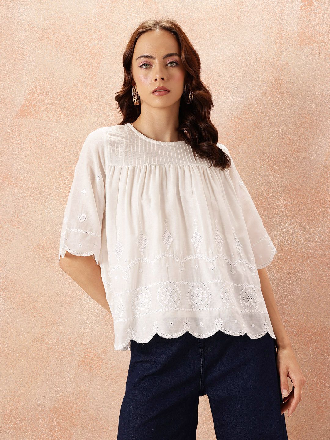 all about you Pin Tucks & Schiffli Embroidered A-Line Top