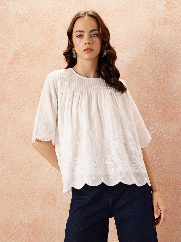 all about you Pin Tucks & Schiffli Embroidered A-Line Top