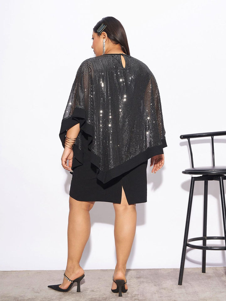 SASSAFRAS Curve Plus Size Black Cape Sleeves Sequinned Sheath Dress