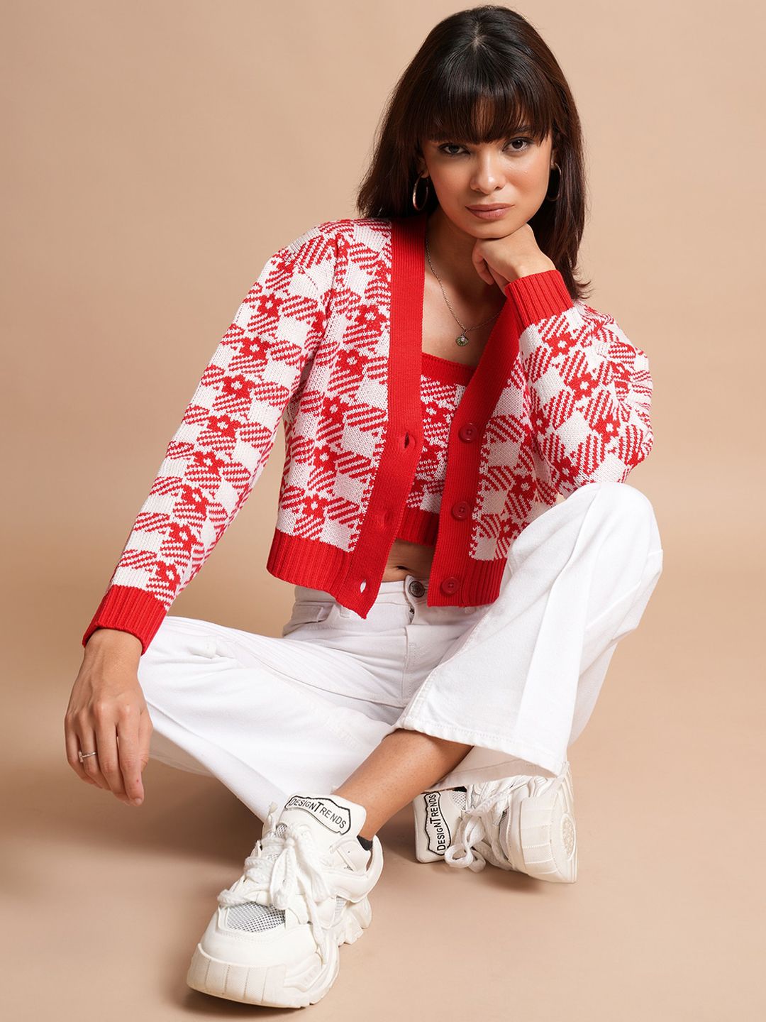 Tokyo Talkies Checked Crop Top with Cardigan