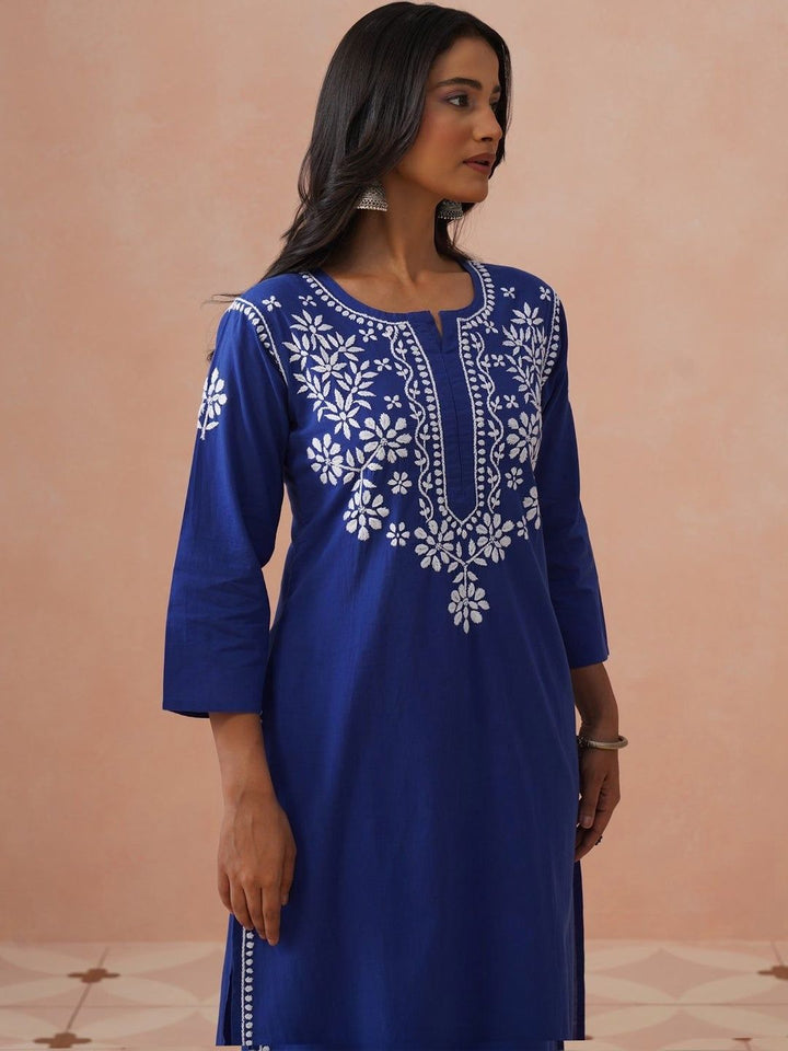 House of Chikankari Women Kurta Biasa Biru dengan Set Seluar