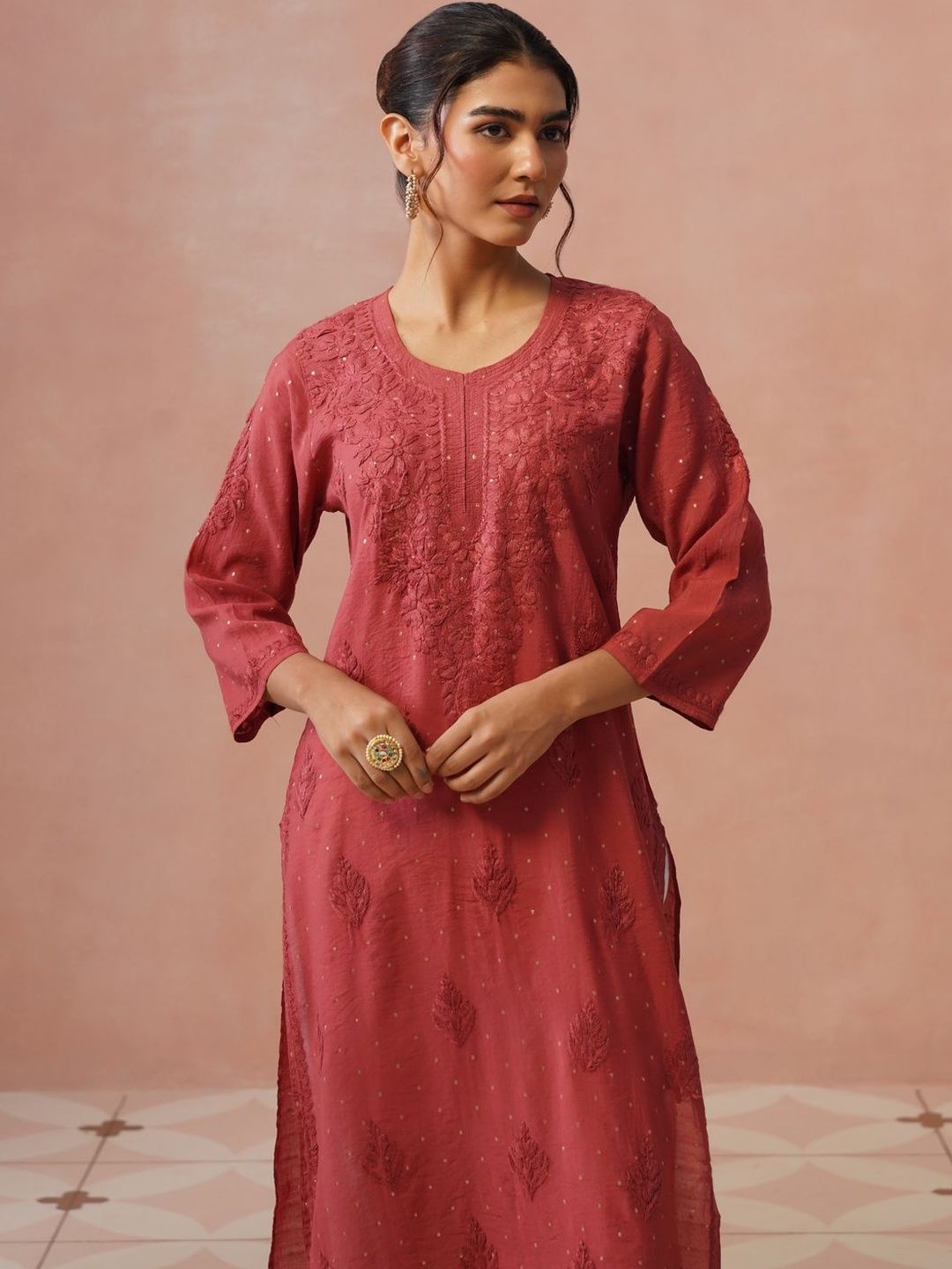 Rumah Wanita Chikankari Berhias Benang Kerja Chanderi Sutera Kurta