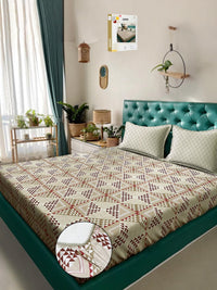 KLOTTHE Beige And Red Geometric Printed Cotton 400 TC Double Bedsheet Set 2.50 m x 2.20 m