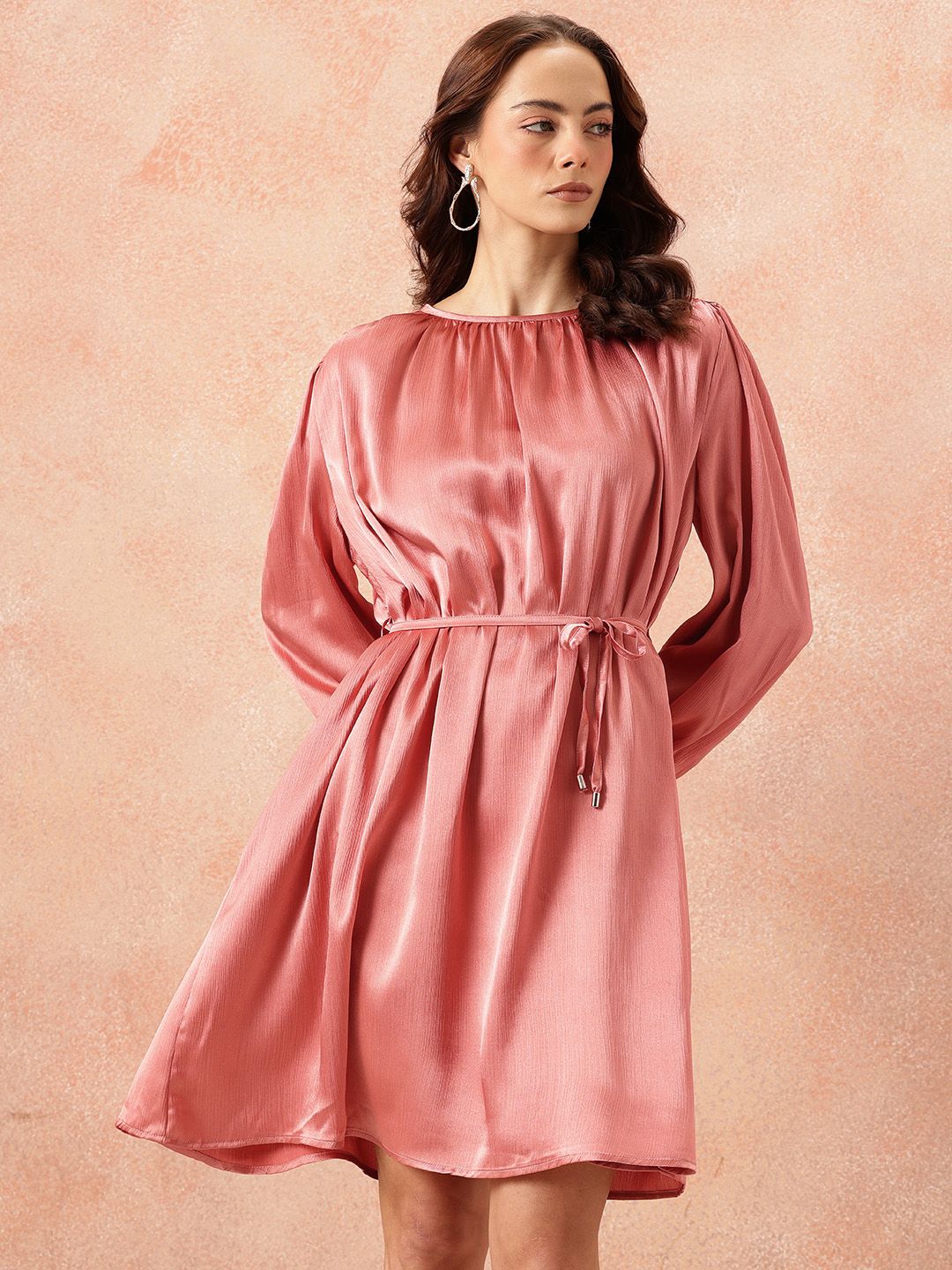 all about you Gathered Detail Bishop Sleeves Party Satin A-Line Dress with Belt