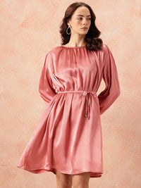 all about you Gathered Detail Bishop Sleeves Party Satin A-Line Dress with Belt