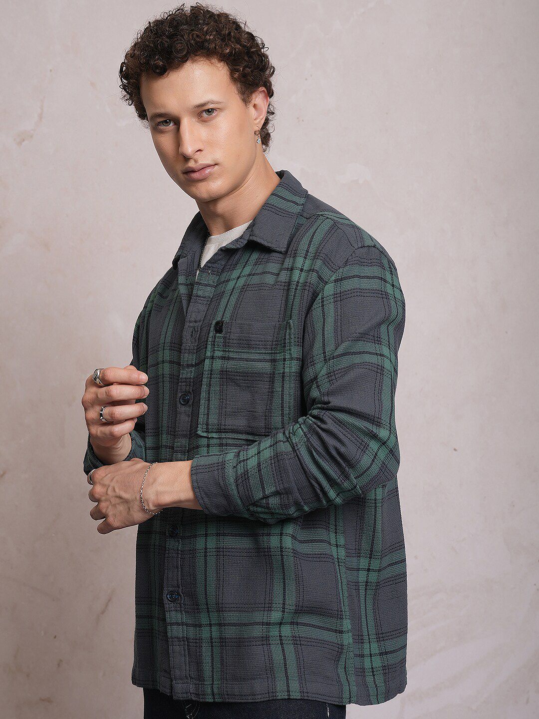 Locomotive Men Blue Dobby Textured Checked Cotton Overshirt