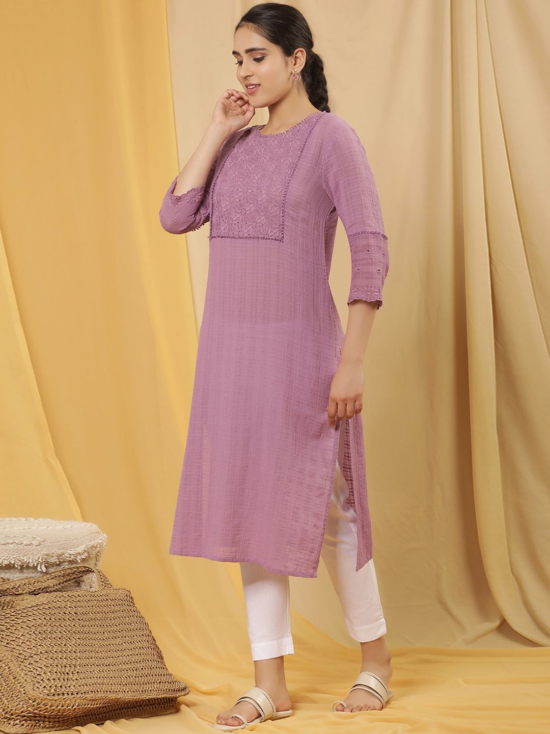 W Purple Floral Yoke Design Thread Work Pure Cotton Straight Kurta
