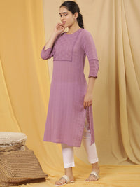 W Purple Floral Yoke Design Thread Work Pure Cotton Straight Kurta