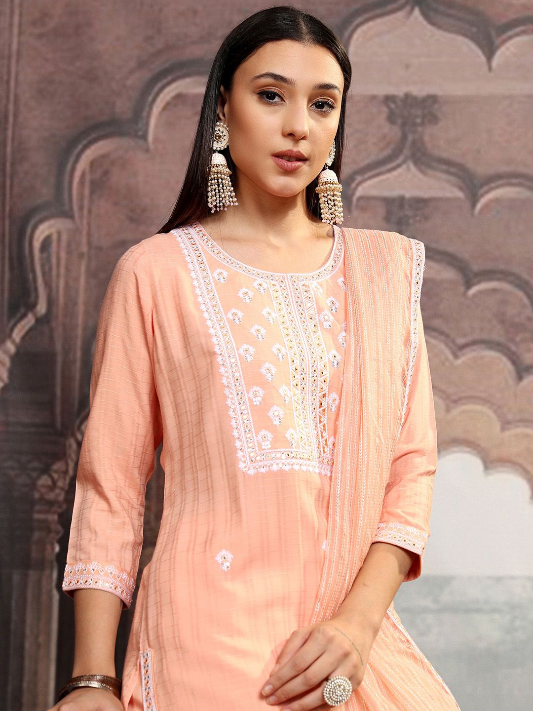 Vishudh Orange Ethnic Motifs Embroidered Thread Work Kurta with Trousers & Dupatta