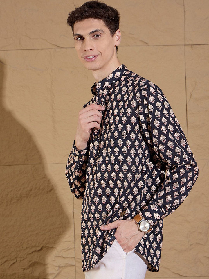 Dennison Floral Printed Band Collar Cotton Pure Straight Kurta