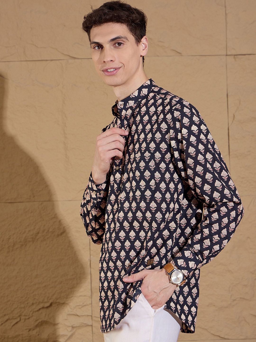 Dennison Floral Printed Band Collar Cotton Pure Straight Kurta