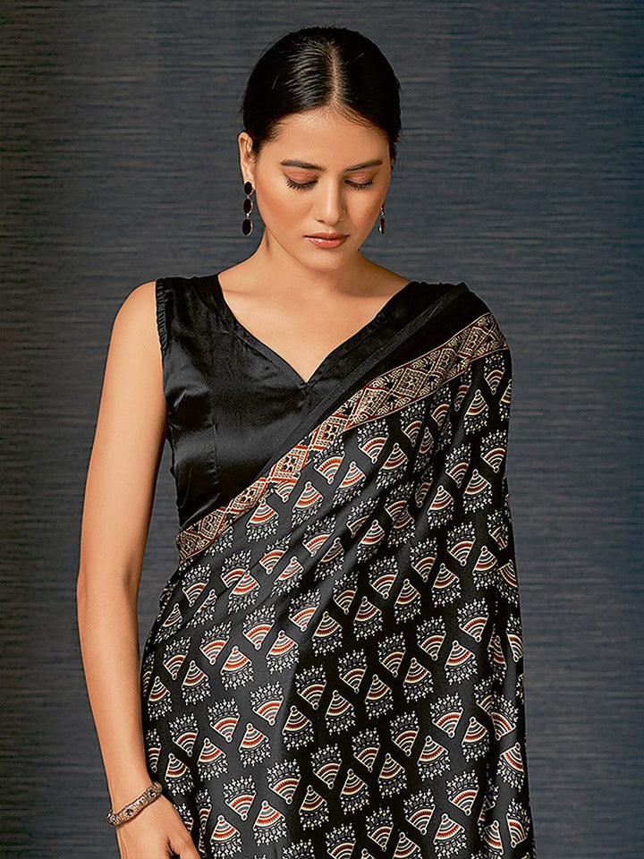 Saree mall Black & Off White Ajrak Printed Block Print Saree