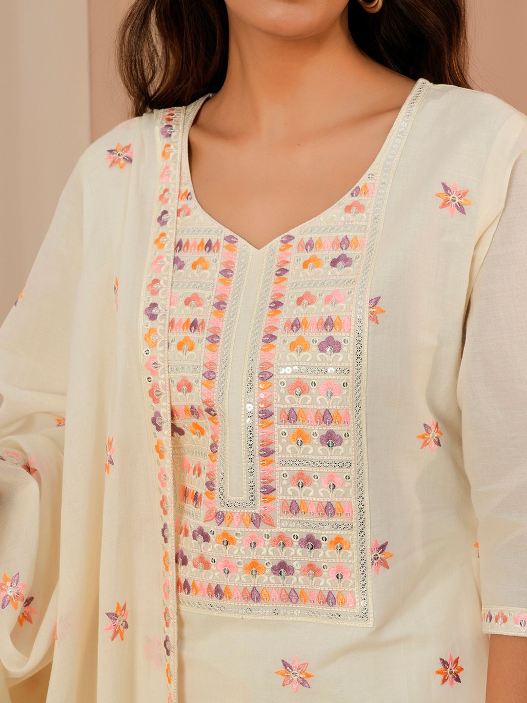 Libas Floral Embroidered Thread Work Pure Cotton Kurta With Palazzos & Dupatta