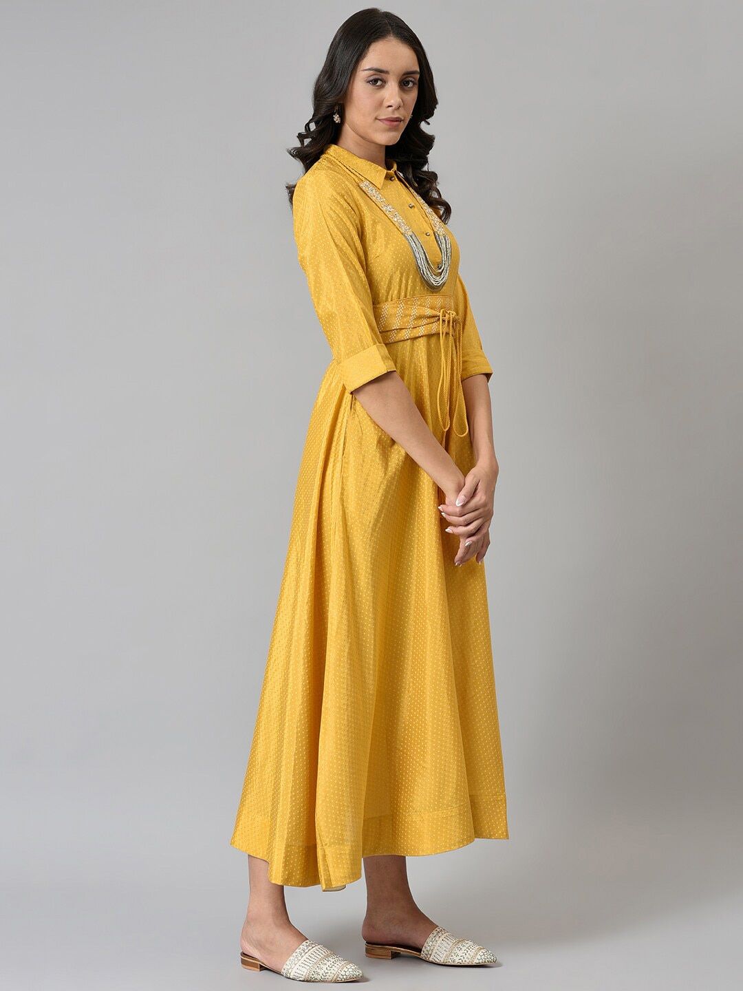 W Yellow Ethnic Motifs Tie-Up Neck Ethnic Midi Dress