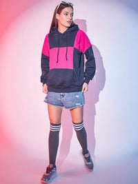 STREET 9 Navy Blue Colourblocked Hooded Fleece Sweatshirt