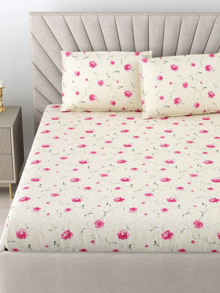 BOMBAY DYEING Dream Lover Beige Floral Cotton 104 TC Queen Bedsheet Set 2.54 x 2.24m