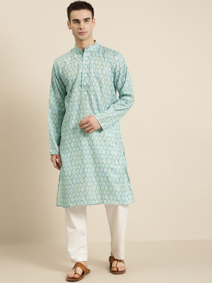 SOJANYA Men Sea Green & Beige Pure Cotton Geometric Printed Kurta