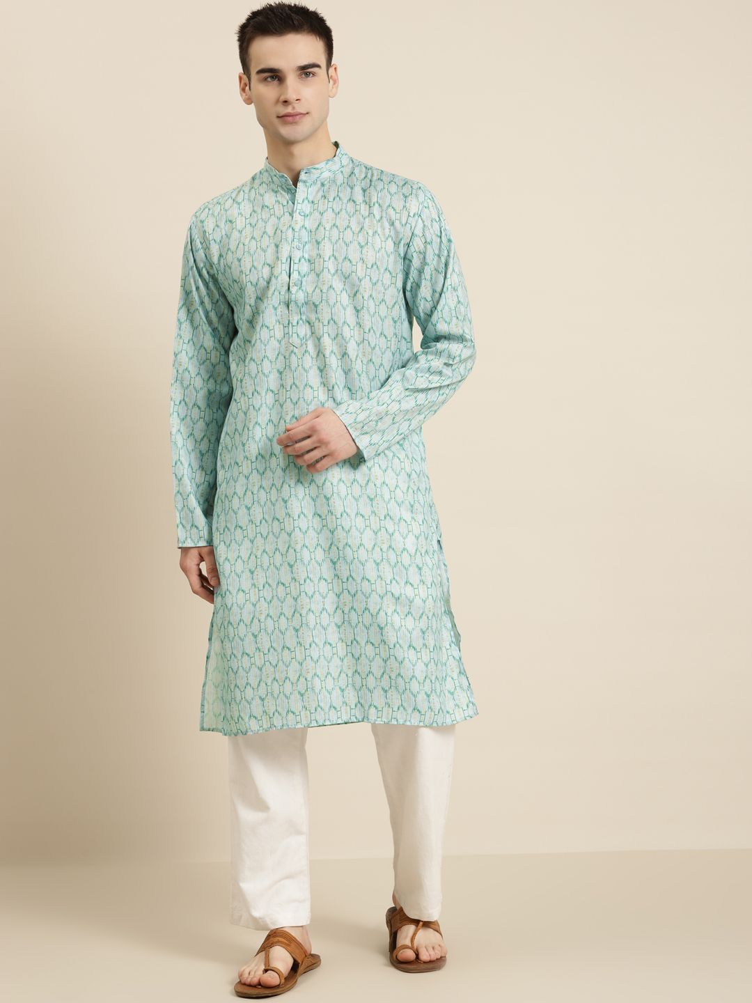 SOJANYA Men Sea Green & Beige Pure Cotton Geometric Printed Kurta