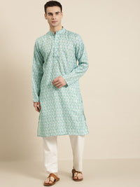 SOJANYA Men Sea Green & Beige Pure Cotton Geometric Printed Kurta