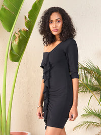SASSAFRAS One Shoulder Ruffled Bodycon Dress