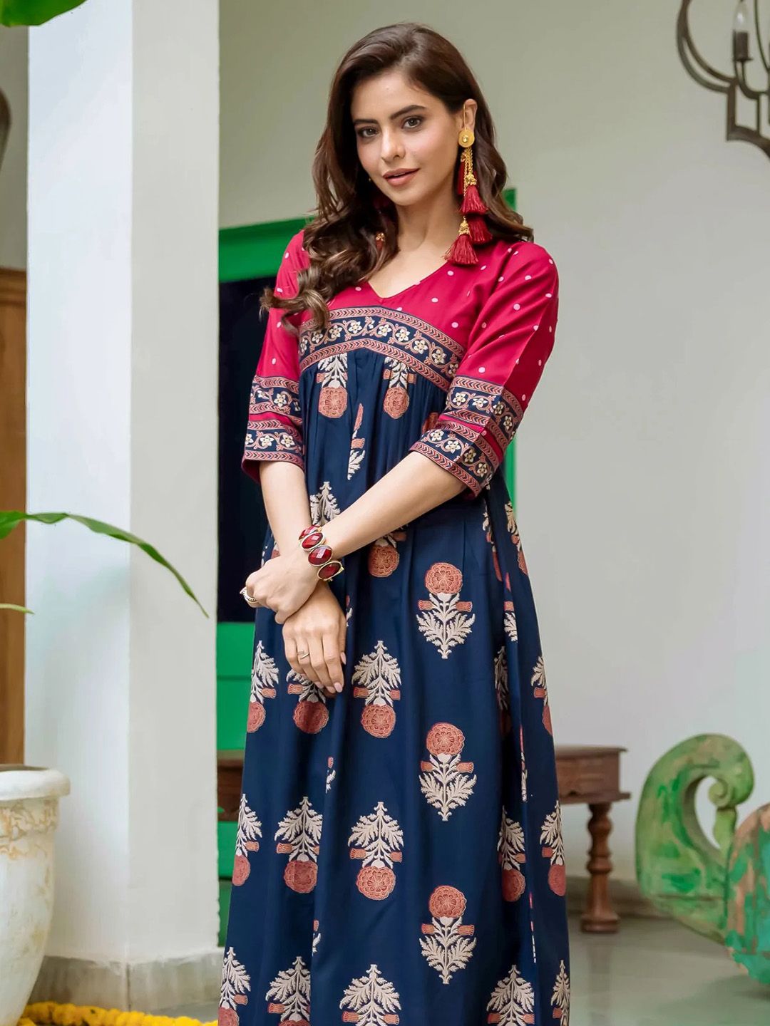Rustorange Red & Navy Blue Ethnic Motifs Printed Maxi Dress