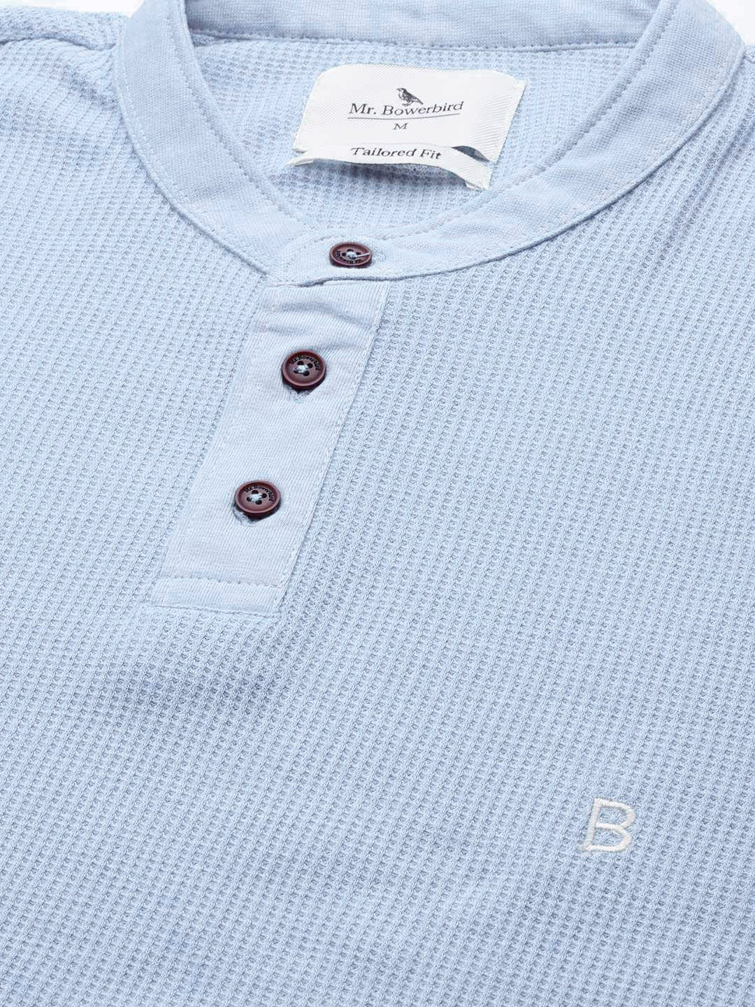 Mr Bowerbird Men Blue Pure Cotton Self-Striped Henley Neck Pure Cotton T-shirt