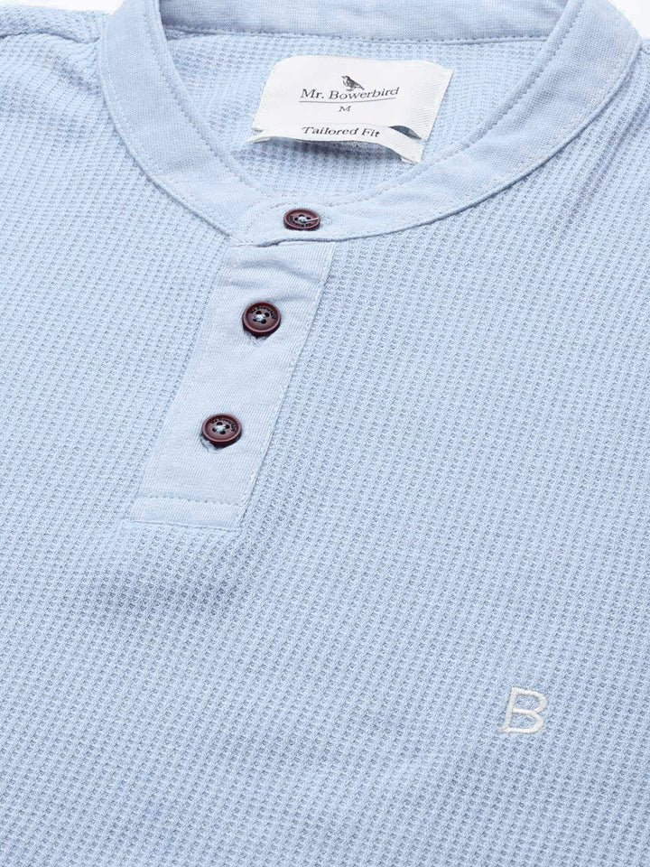 Mr Bowerbird Men Blue Pure Cotton Self-Striped Henley Neck Pure Cotton T-shirt