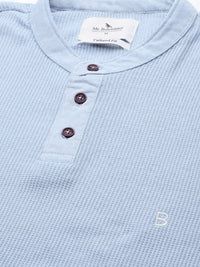 Mr Bowerbird Men Blue Pure Cotton Self-Striped Henley Neck Pure Cotton T-shirt
