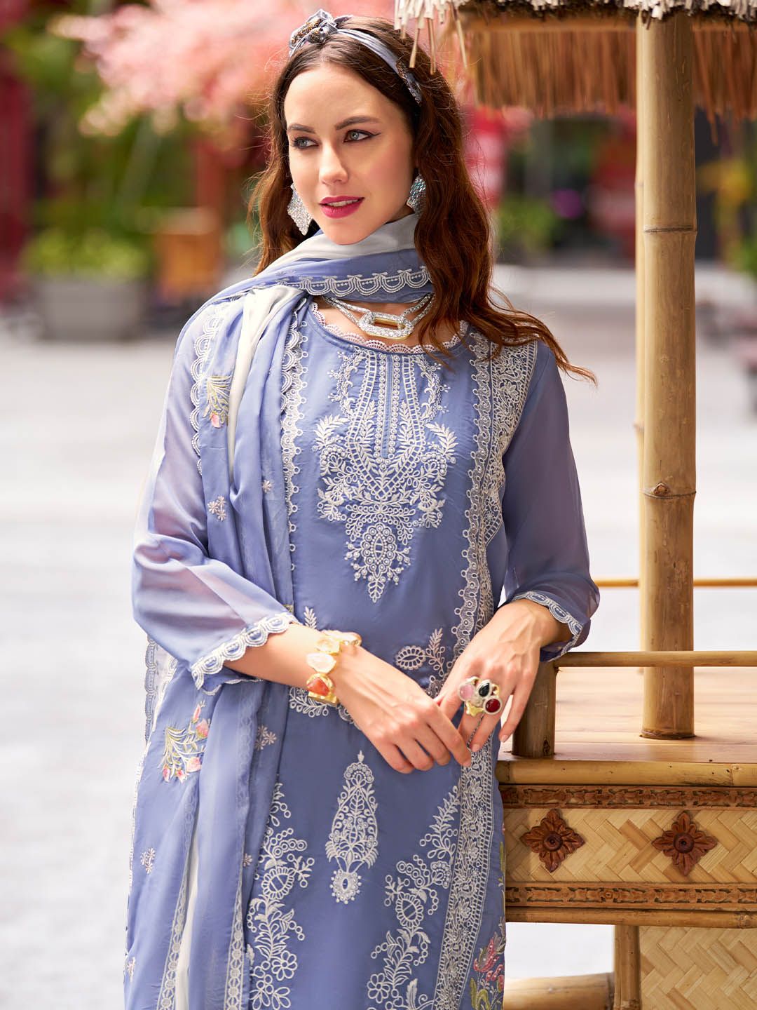 Indo Era Floral Embroidered Round Neck Thread Work Straight Kurta With Trousers & Dupatta