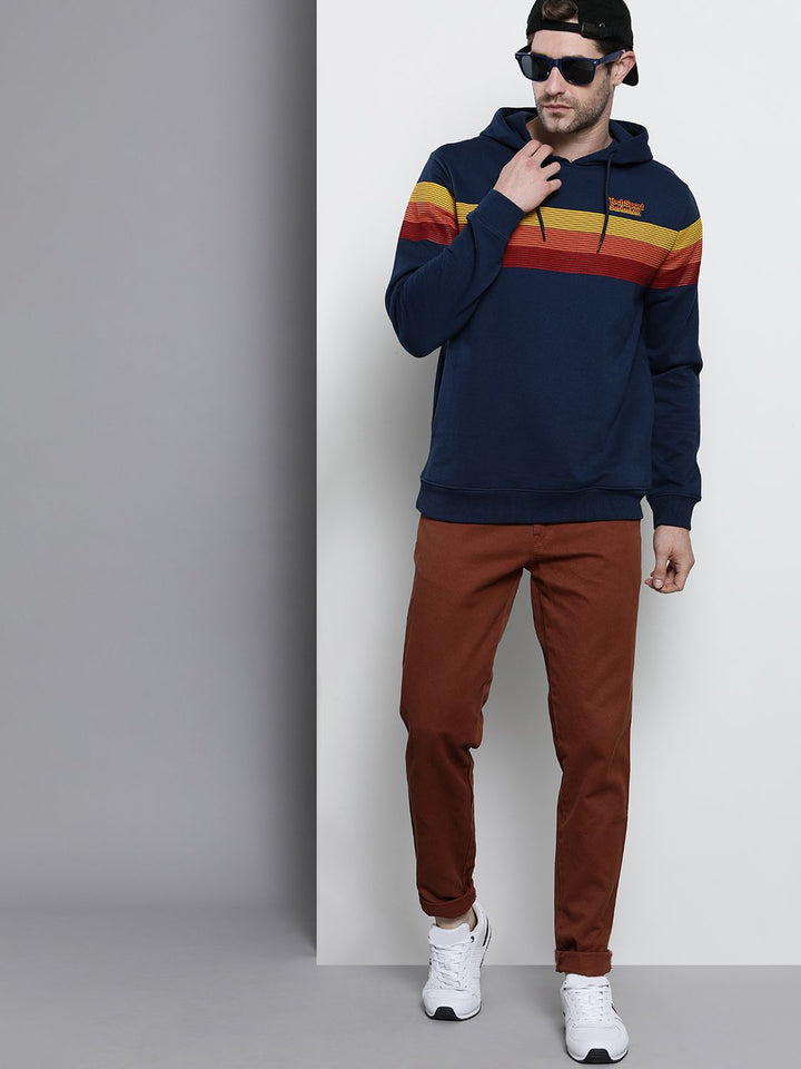 The Indian Garage Co Men Navy Blue Striped Hooded Sweatshirt