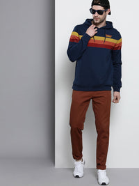 The Indian Garage Co Men Navy Blue Striped Hooded Sweatshirt