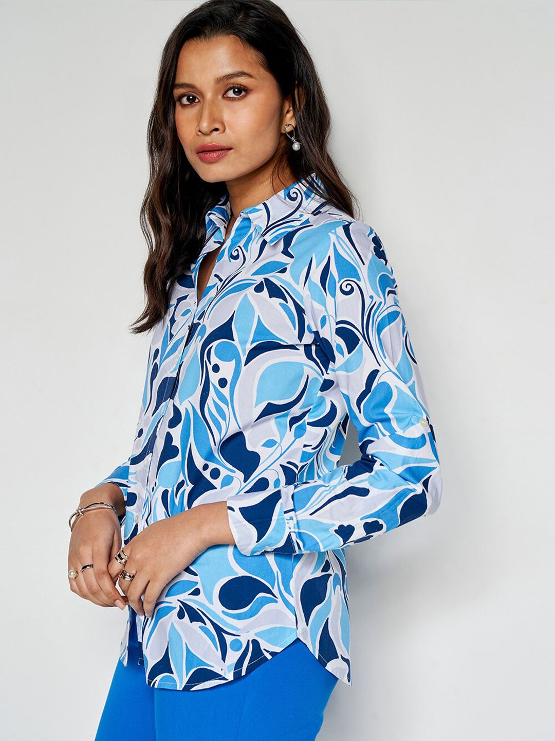 AND Abstract Printed Long Sleeves Cotton Shirt Style Top