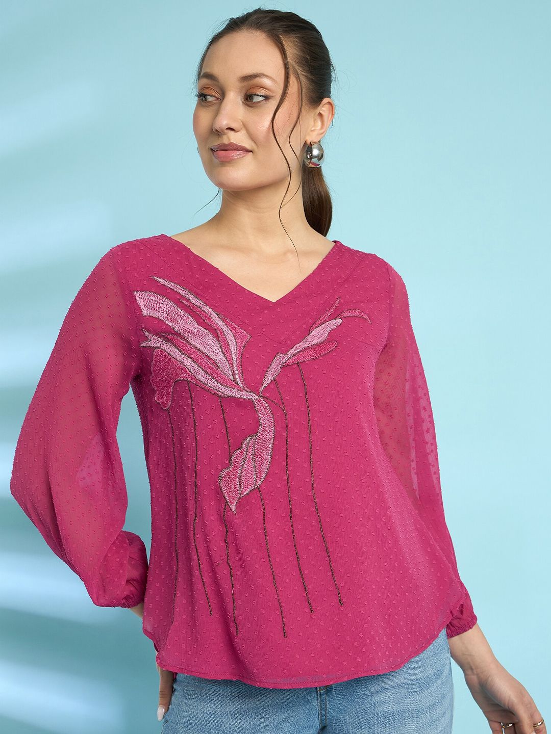 Antheaa Embroidered Dobby Weave Chiffon Top