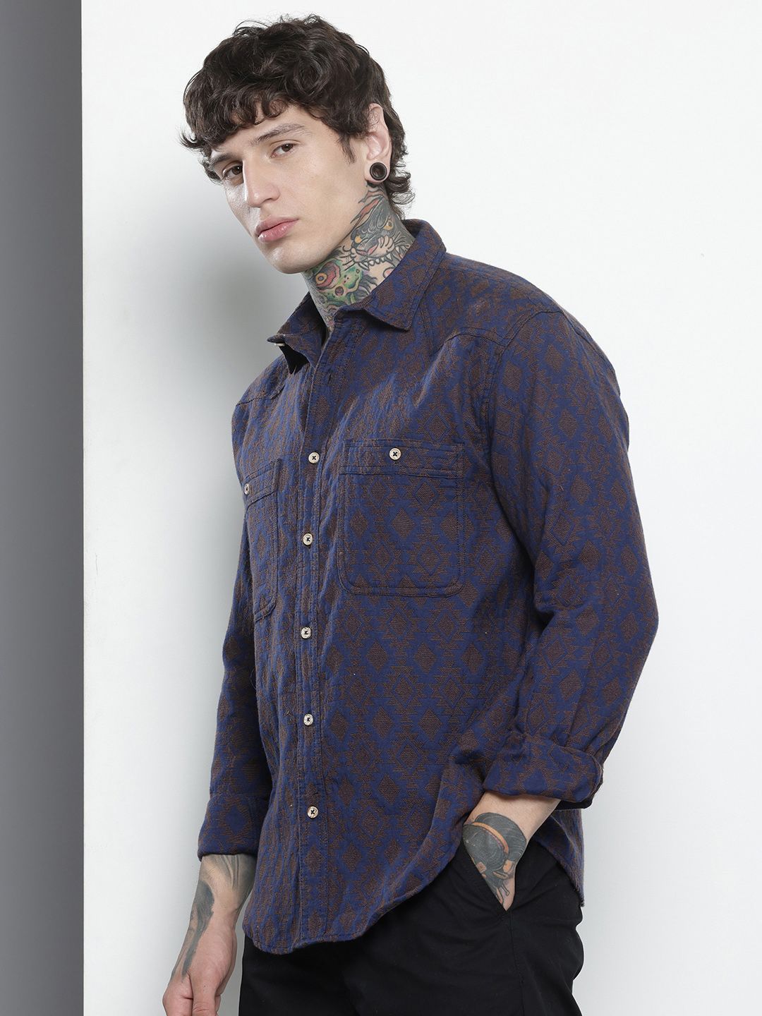 The Indian Garage Co Self-Design Geometric Drop-Shoulder Sleeves Relaxed Fit Casual Shirt