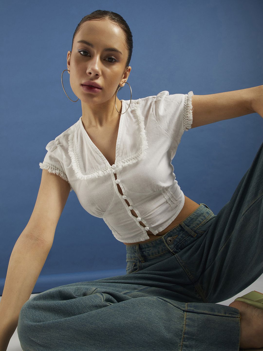 DressBerry Boho Chic Smocked Shirt-Style Crop Top